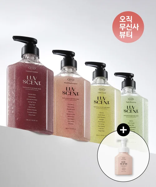 럽센트 스크럽 바디워시 4가지 향 세트 구성(가든 로즈/핑크 피오니/미모사/자스민) + 핸드워시 추가증정(향랜덤)