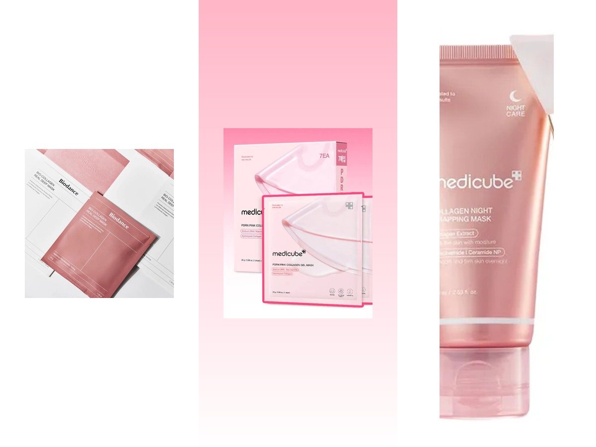 Biodance Bio-Collagen Real Deep Mask, medicube PDRN Pink Collagen Gel Mask, and medicube Collagen Night Wrapping Mask