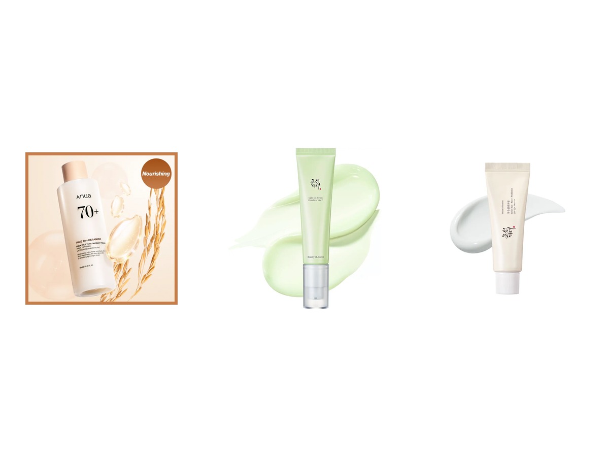 Anua Rice 70 Glow Milky Toner, Beauty of Joseon Light On Serum, and Beauty of Joseon Relief Sun Rice + Probiotics