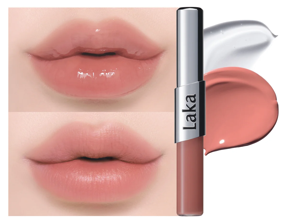 Laka Perfect Twin Lip dual-ended tube with matte and glossy lip swatches