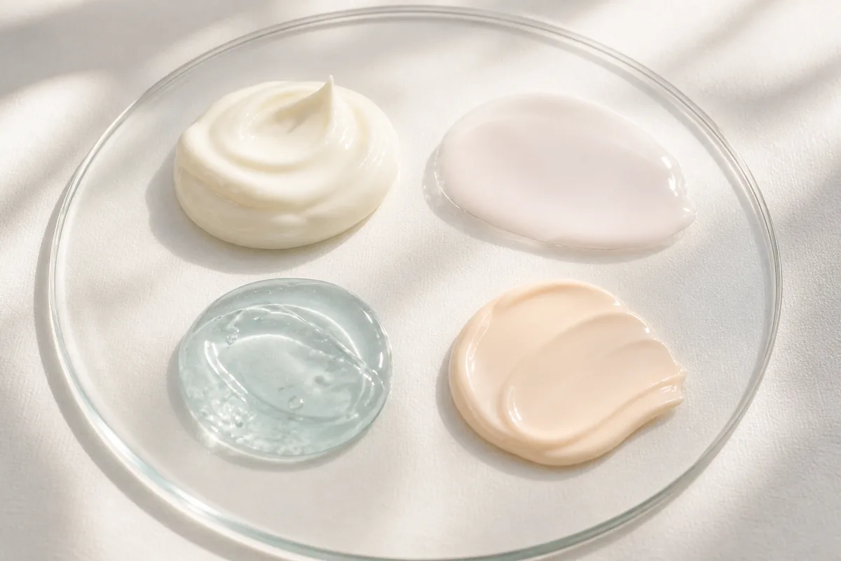 Four sunscreen textures on glass: cream, essence, gel and tone-up lotion